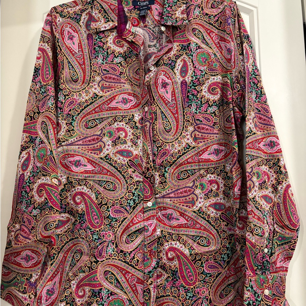 Chaps Women's Paisley Button Down Shirt - Pink and Green